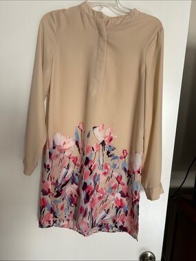 Beige Floral Border Print Long-Sleeve Dress